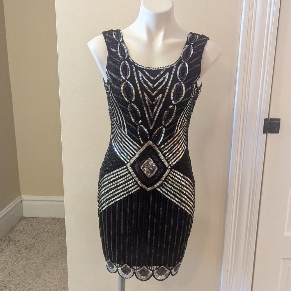 Black dress with silver and irredentist sequin dress size XS